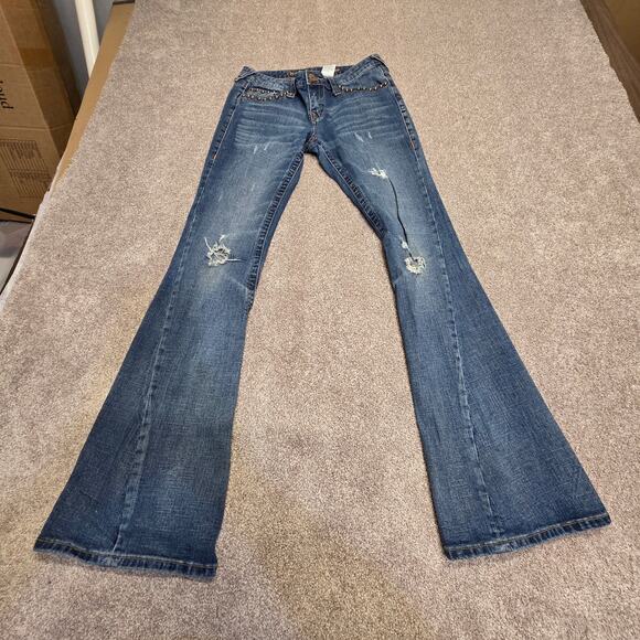 Y2K vtg Embellished boho western Revolution Distressed Flare jeans sz 11 - Picture 2 of 15